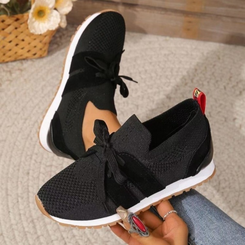 Knit Fabric Lace Up Sneakers - Nowe czarne dzianinowe oddychające damskie sneakersy